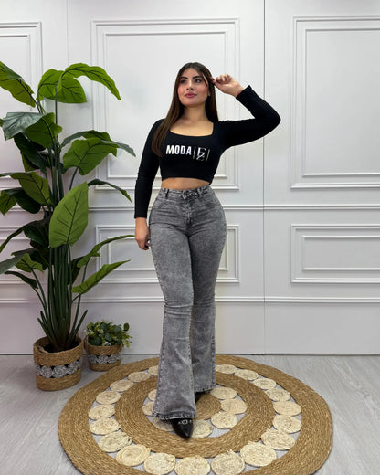 Jeans flare gris jaspeado de tiro alto para mujer
