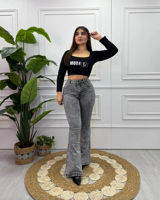 Jeans flare gris jaspeado de tiro alto para mujer
