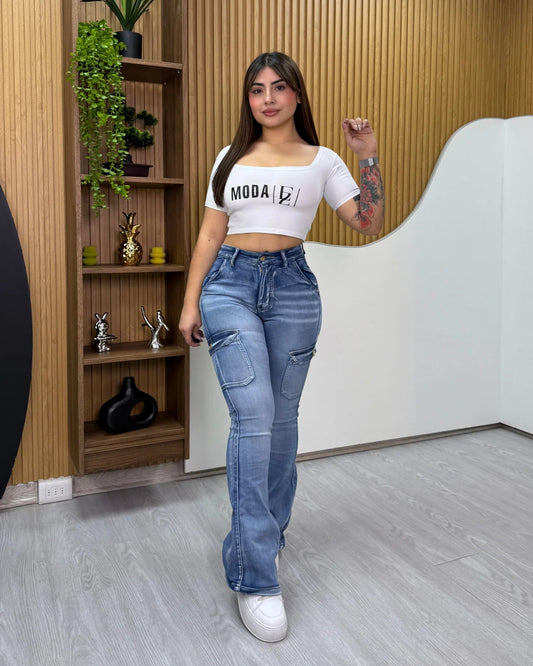 MM6006 (N7) | Flare Cargo Faja Azul Focalizado | Compra 1 Talla Más