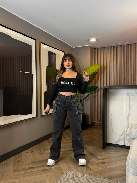 N0501-1  | Jeans Cargo Grafito Tapa Bolsiilo Adelante | Menina