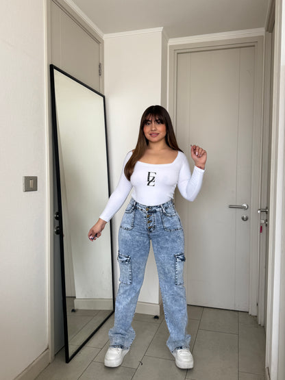 N0506-2 | Jeans Cargo Celeste Jaspeado 5 Botones  | Menina