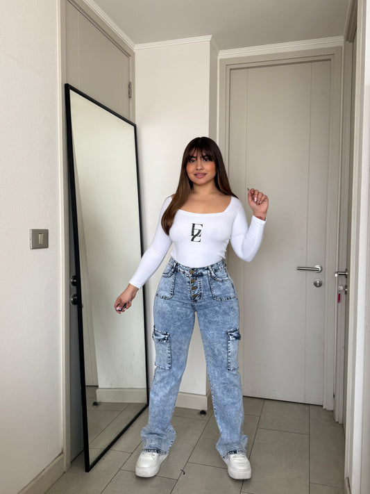 N0506-2 | Jeans Cargo Celeste Jaspeado 5 Botones  | Menina