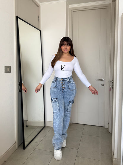 N0506-2 | Jeans Cargo Celeste Jaspeado 5 Botones  | Menina