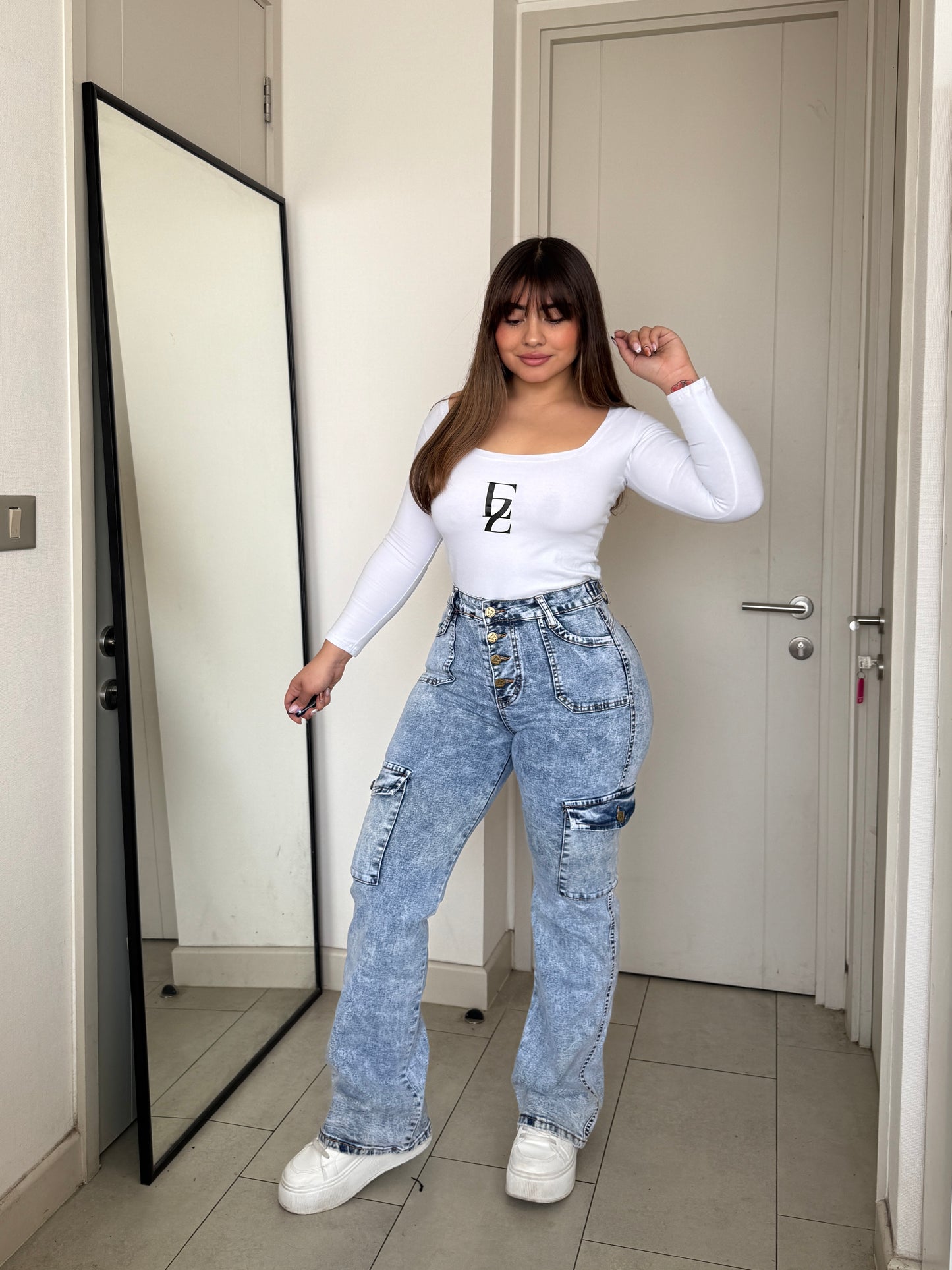 N0506-2 | Jeans Cargo Celeste Jaspeado 5 Botones  | Menina