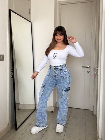 N0506-2 | Jeans Cargo Celeste Jaspeado 5 Botones  | Menina
