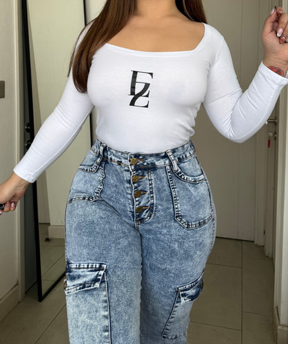 N0506-2 | Jeans Cargo Celeste Jaspeado 5 Botones  | Menina
