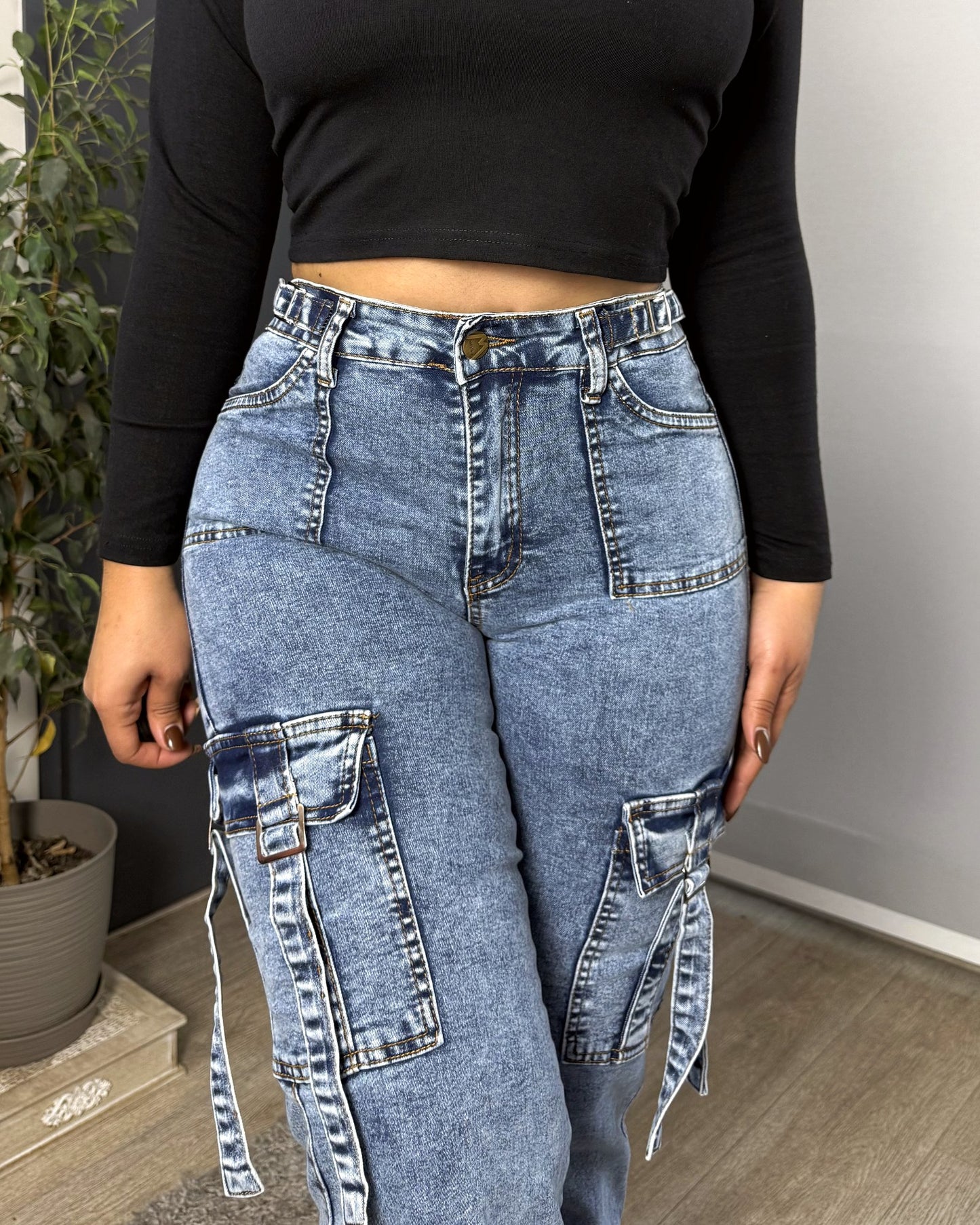 N1103-1 (G1) | Cargo Azul Cintura Ajustable Bolsillos Con Tiras | Menina