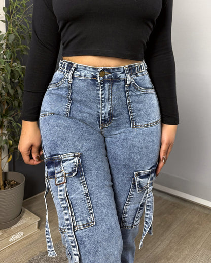 N1103-1 (G1) | Cargo Azul Cintura Ajustable Bolsillos Con Tiras | Menina