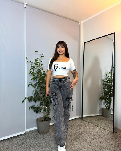 N1103-3 | Cargo Gris Jaspeado Bolsillos Con TIras| Menina