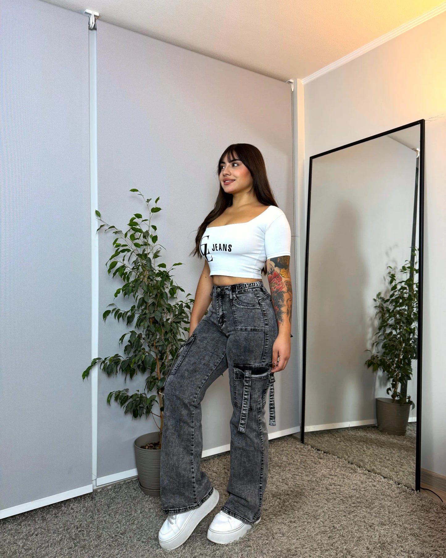 N1103-3 | Cargo Gris Jaspeado Bolsillos Con TIras| Menina