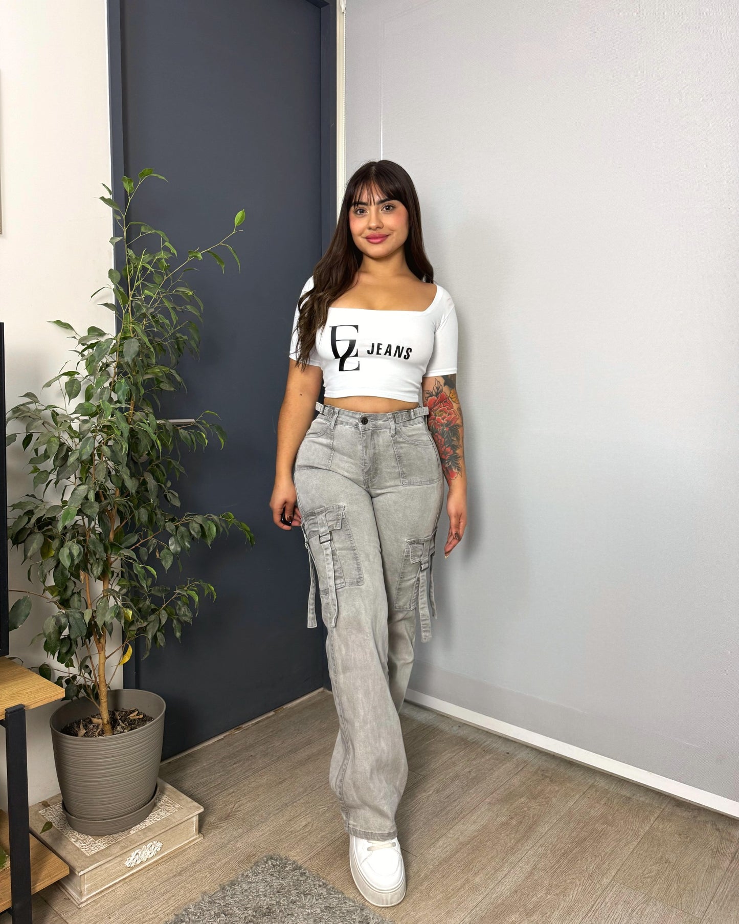 N1103-4 (M6) | Cargo Gris Cintura Ajustable Bolsillos Con Tiras | Menina