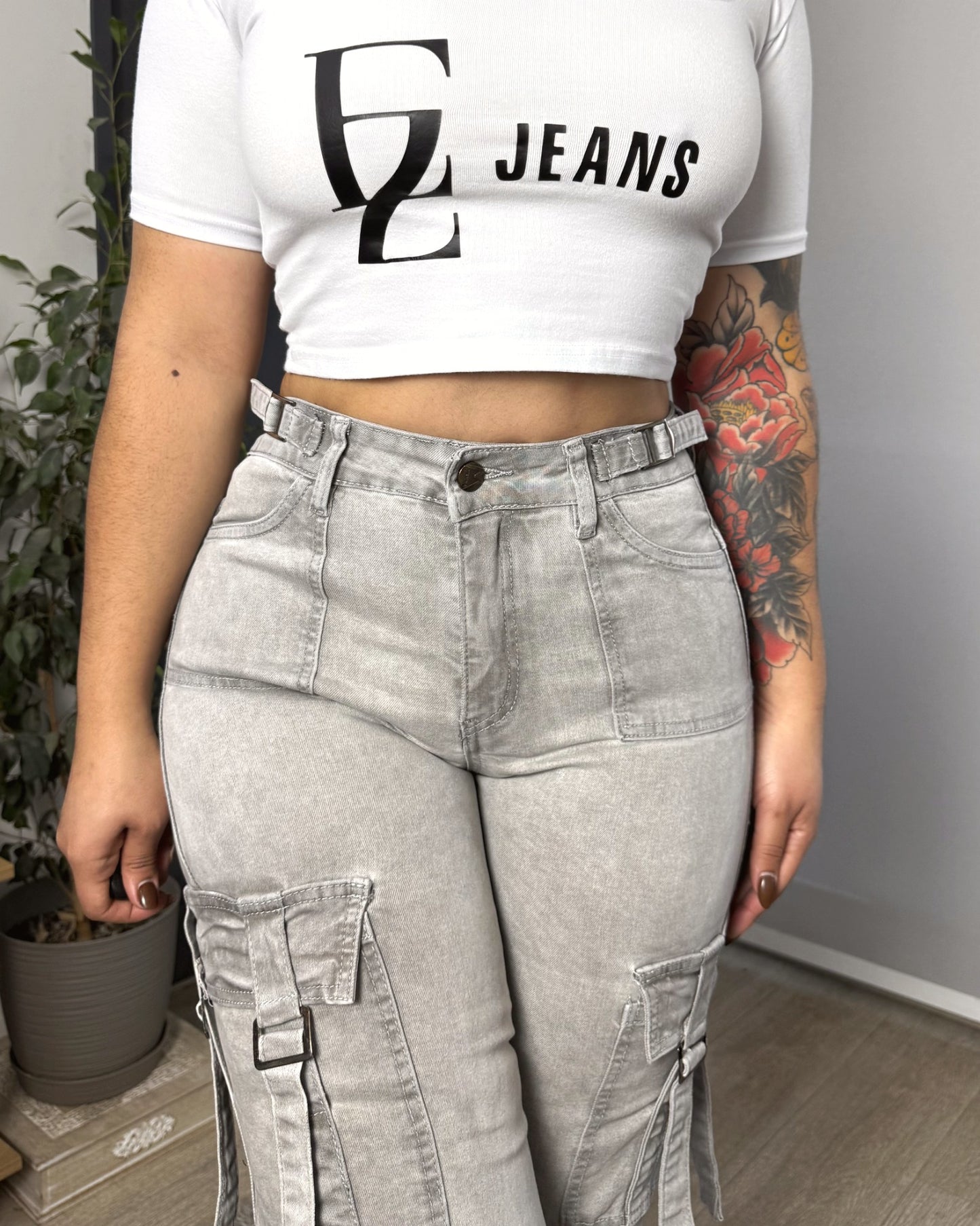 N1103-4 (M6) | Cargo Gris Cintura Ajustable Bolsillos Con Tiras | Menina