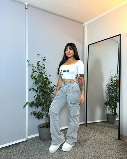 N1104-4 (M2) | Cargo Gris Claro Ajuste Cintura Bolsillo Tapa | Menina
