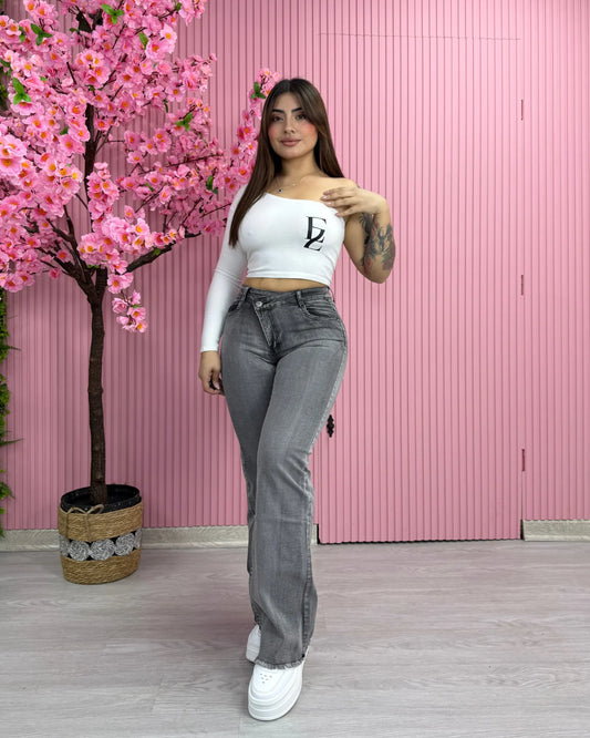 Jeans recto asimétrico gris focalizado de tiro alto para mujer