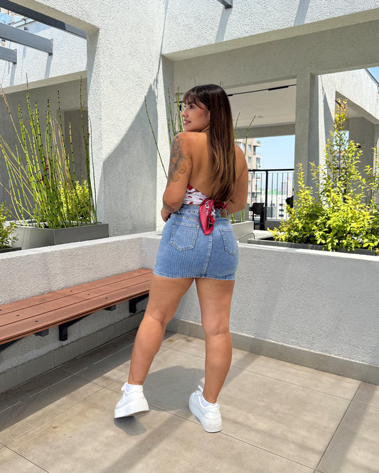 N670-2 (R1) | Falda Short Full Brillos Celeste | Horma Pequeña | Menina