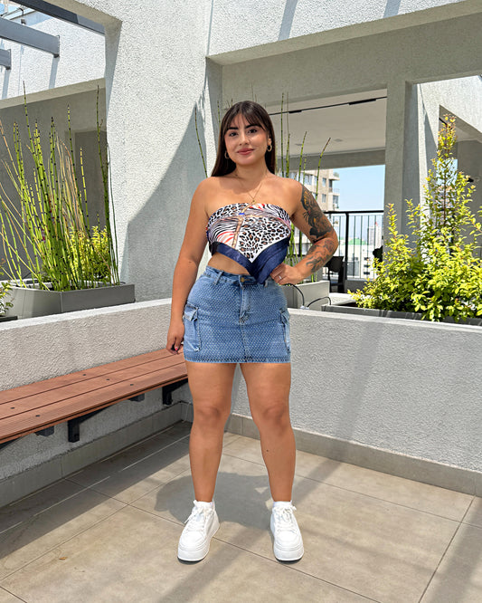 N672-2 (R4) | Falda Short Cargo Full Brillos Azul | Horma Pequeña | Menina