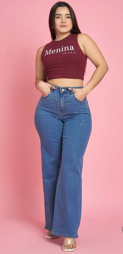 Modelo MB412  | Jeans Wide Leg Azul Brillos |Menina