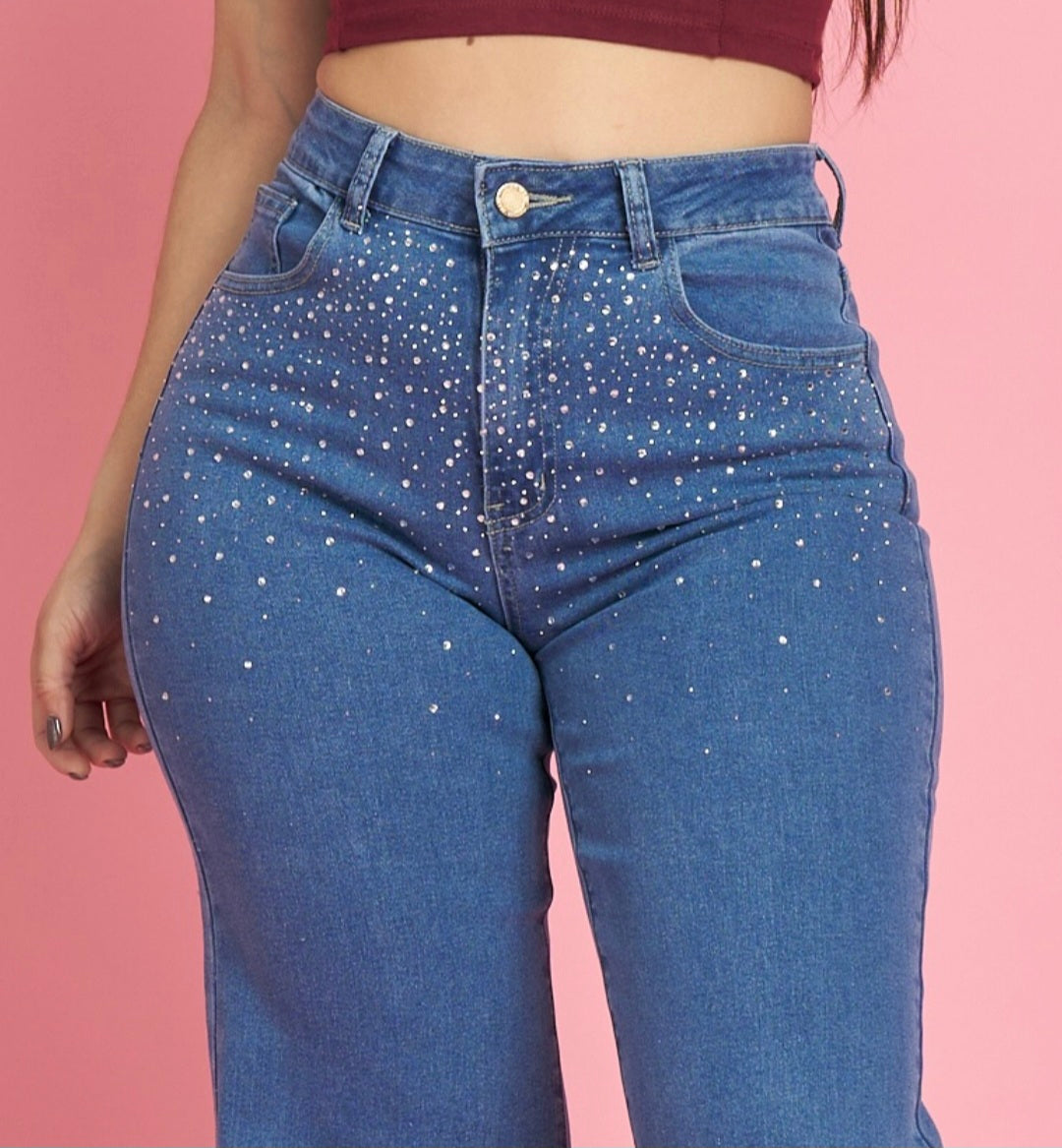 Modelo MB412  | Jeans Wide Leg Azul Brillos |Menina