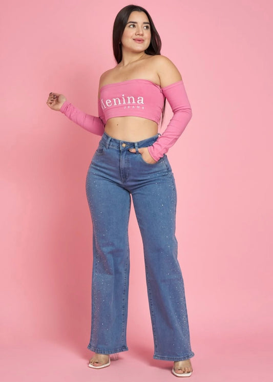 Jeans Wide Leg Azul Claro Brillos | Modelo MB413  | Menina