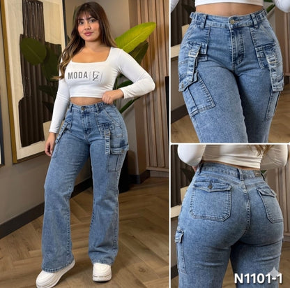 N1101-1 (N5) | Cargo Celeste Ajuste En Cintura Bolsillo Tapa | Menina