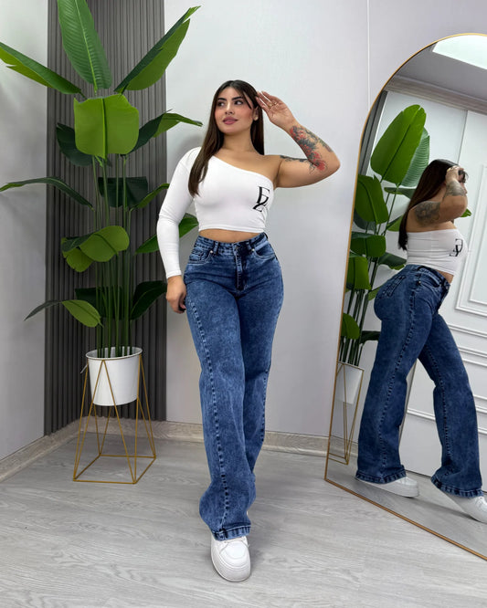 Wide leg azul jaspeado Estela, línea EZ Élite, hecho en Chile