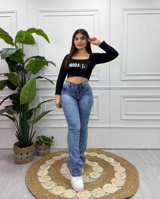 Jeans flare azul jaspeado Ultra Push Up, hecho en Chile