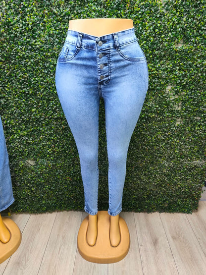EZ2543 Skinny Nacional Celeste Jaspeado 5 Botones Ultra Push Up, vista frontal