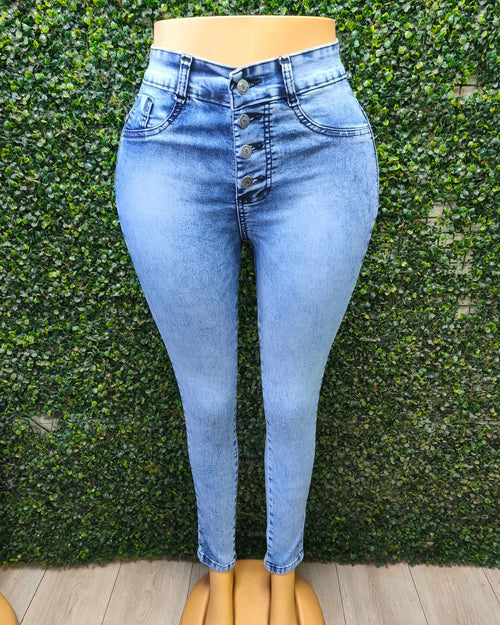 EZ2543 | Skinny Nacional Celeste Jaspeado 5 Botones Ultra Push Up | EZ