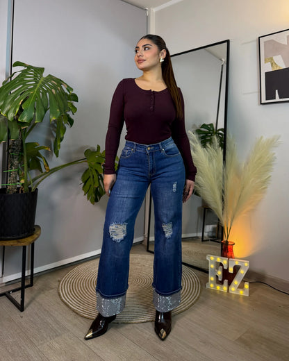 MB7006-1  (E4) | Wide Leg Rasgado Azul Brillo Tobillo | Menina