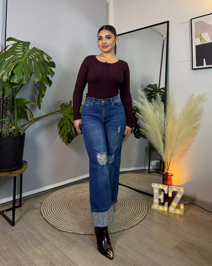 MB7006-1  (E4) | Wide Leg Rasgado Azul Brillo Tobillo | Menina