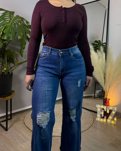 MB7006-1  (E4) | Wide Leg Rasgado Azul Brillo Tobillo | Menina