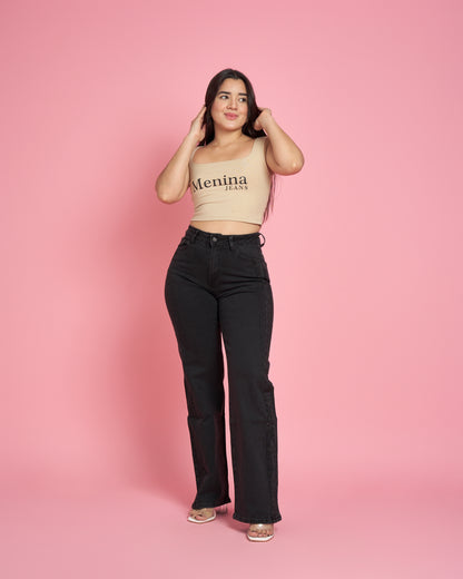 Jeans Wide Leg Negro Brillos | Modelo MB018-1 | Menina