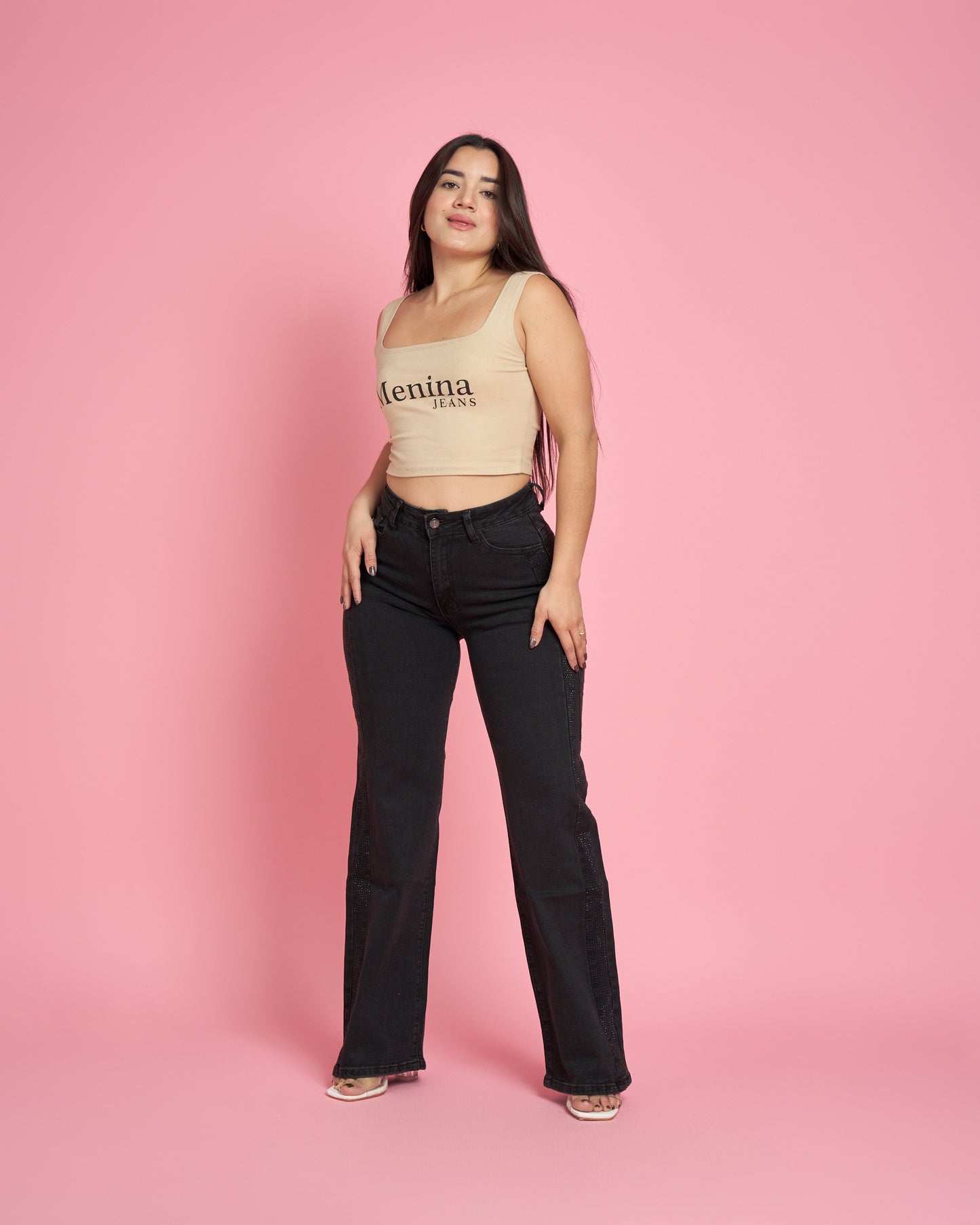 Jeans Wide Leg Negro Brillos | Modelo MB018-1 | Menina