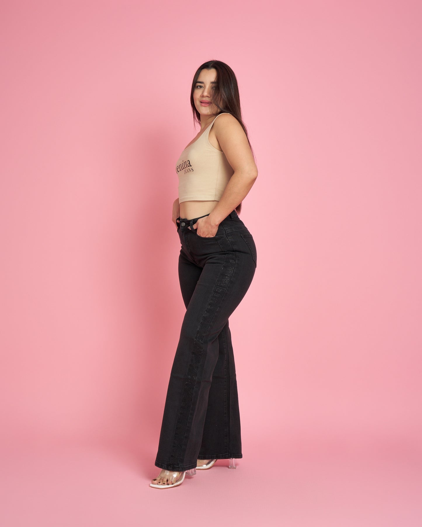 Jeans Wide Leg Negro Brillos | Modelo MB018-1 | Menina