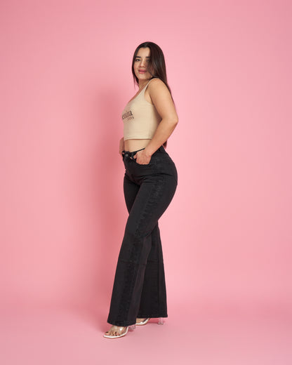 Jeans Wide Leg Negro Brillos | Modelo MB018-1 | Menina