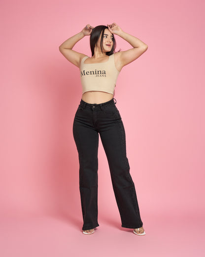 Jeans Wide Leg Negro Brillos | Modelo MB018-1 | Menina
