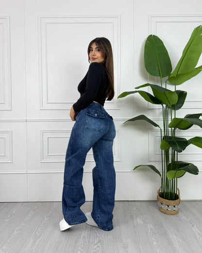 MK170 Wide Leg Azul Ajuste Cintura en modelo, vista de perfil y espalda