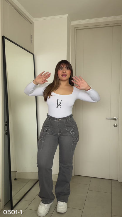 N0501-1  | Jeans Cargo Grafito Tapa Bolsiilo Adelante | Menina