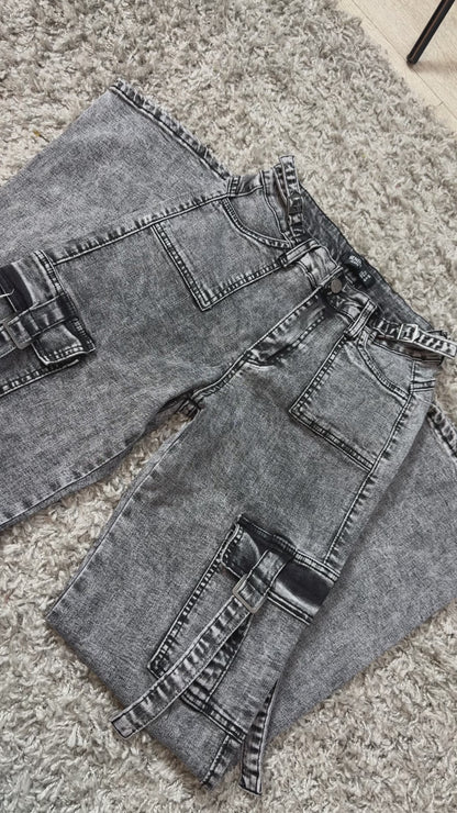 N1103-3 | Cargo Gris Jaspeado Bolsillos Con TIras| Menina
